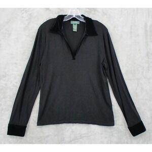 Ralph Lauren LRL Blouse Womens Large Velvet Trim Stretch Whimsigoth Witchy Black
